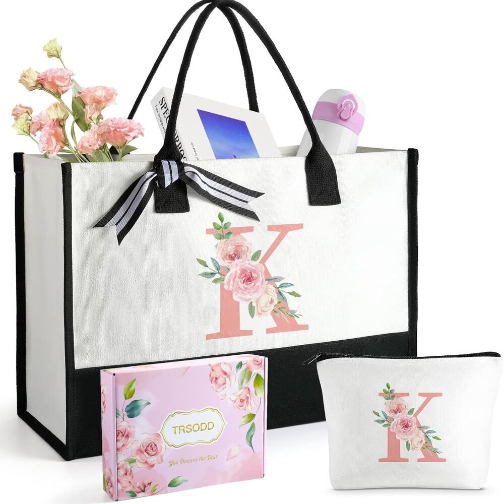 Women's Pink Large Cotton Tote Bag with Makeup Bag Set for Women, Mothers Day, B